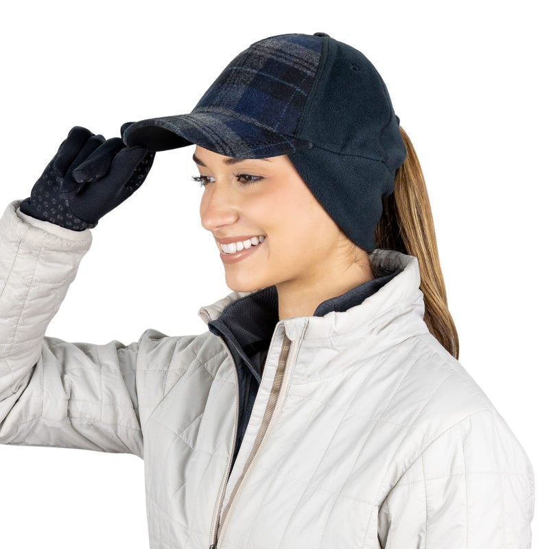 TrailHeads Women's Winter Ponytail Hat | Trucker Hat with Drop Down Ear Warmers - Blue Plaid - Image 1
